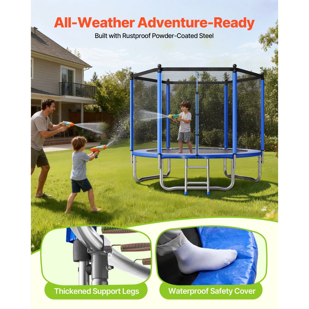 VEVOR Outdoor Trampoline, 8FT Round Recreational Trampoline with Enclosure Net, ASTM Approved, Heavy Duty Trampolines, Max 265 lbs Weight Capacity, Anti-Rust Backyard Trampolines for Kids & Adults