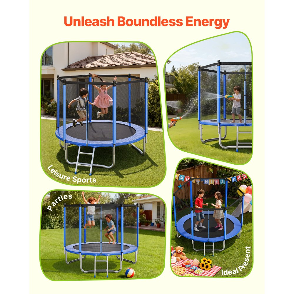 VEVOR Outdoor Trampoline, 8FT Round Recreational Trampoline with Enclosure Net, ASTM Approved, Heavy Duty Trampolines, Max 265 lbs Weight Capacity, Anti-Rust Backyard Trampolines for Kids & Adults