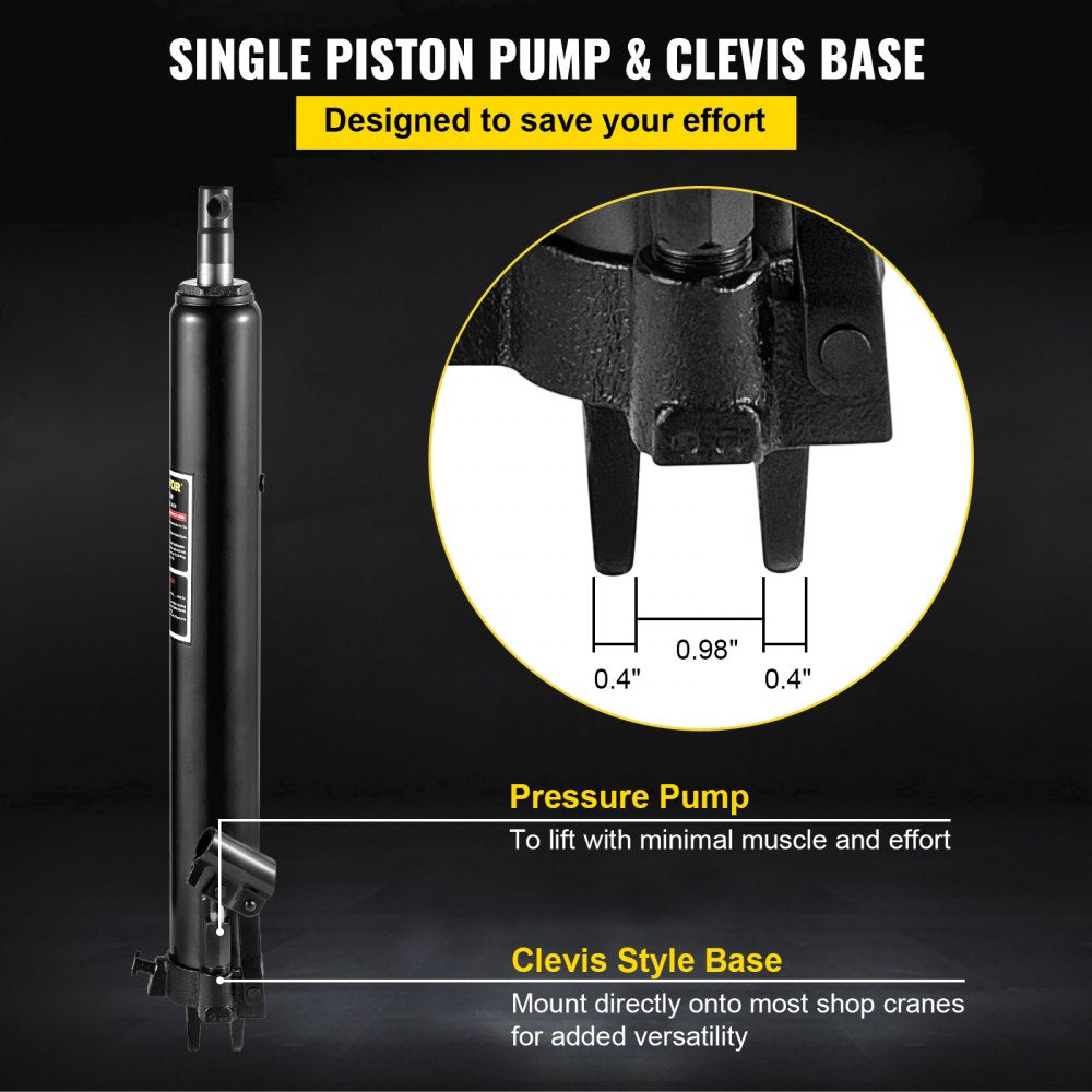 VEVOR Hydraulic Long Ram Jack, 3 Tons/6600 lbs Capacity, with Single Piston Pump and Clevis Base, Manual Cherry Picker with Handle, for Garage/Shop Cranes, Engine Lift Hoist, Black
