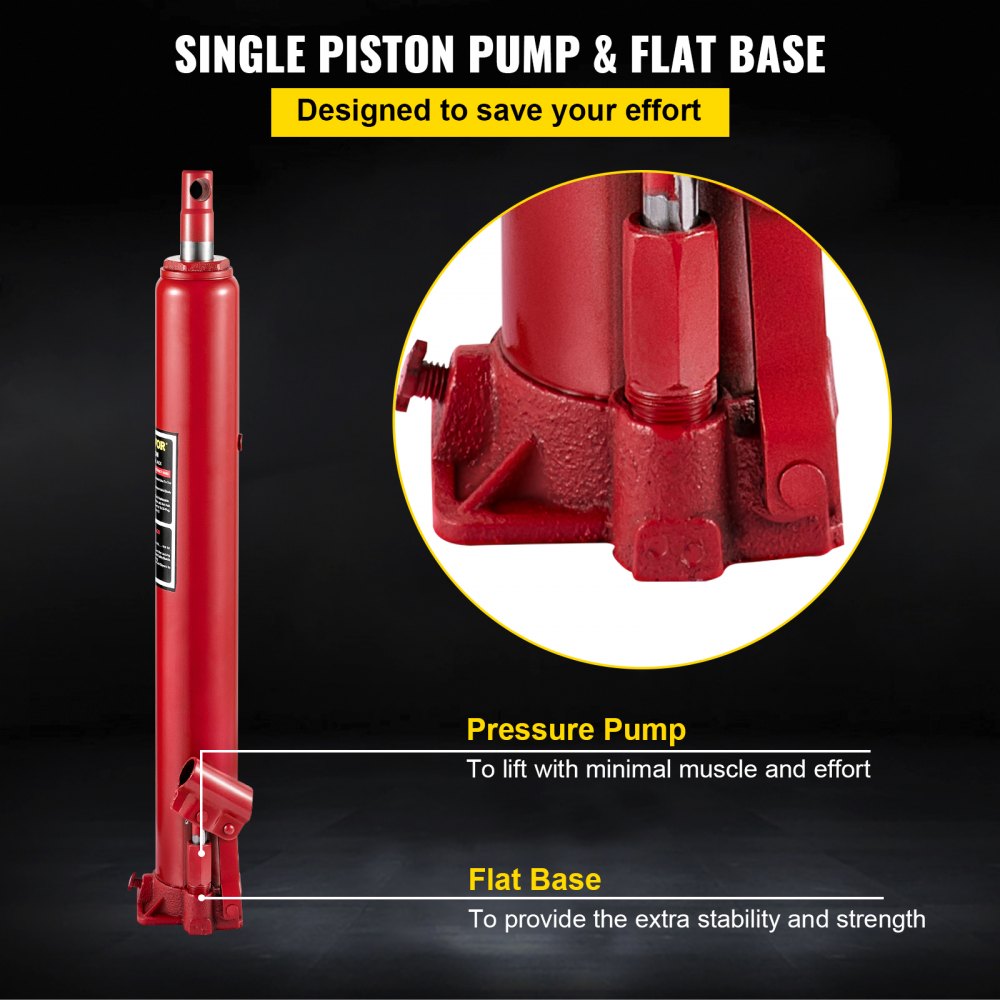 VEVOR Hydraulic Long Ram Jack, 4 Tons/8818 lbs Capacity, with Single Piston Pump and Flat Base, Manual Cherry Picker with Handle, for Garage/Shop Cranes, Engine Lift Hoist, Red