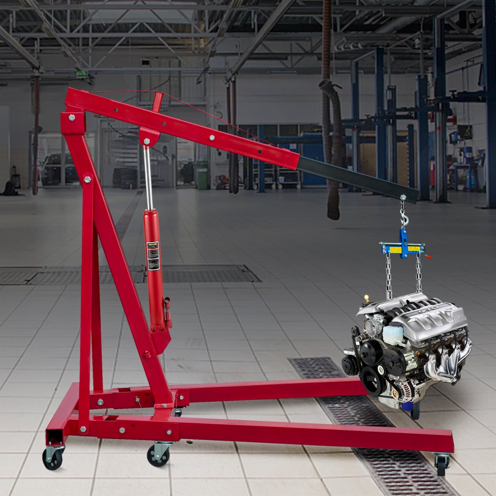 VEVOR Hydraulic Long Ram Jack, 4 Tons/8818 lbs Capacity, with Single Piston Pump and Flat Base, Manual Cherry Picker with Handle, for Garage/Shop Cranes, Engine Lift Hoist, Red