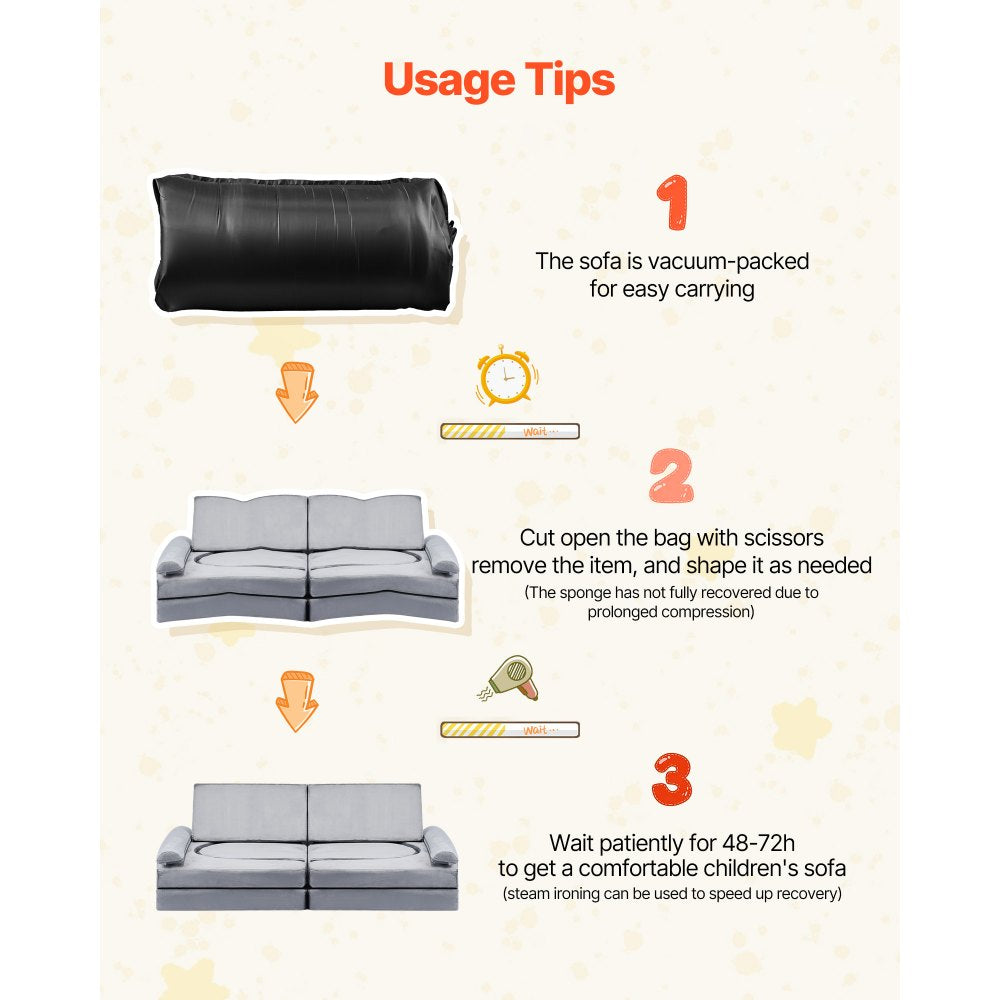 VEVOR Modular Kids Play Couch, Sectional Toddler Sofa with Armrests, 28D Sponge & Short Pile, Convertible Kids Modular Couch DIY Creative Combination for Playroom, Bedroom, Living Room, 10 Pcs, Gray