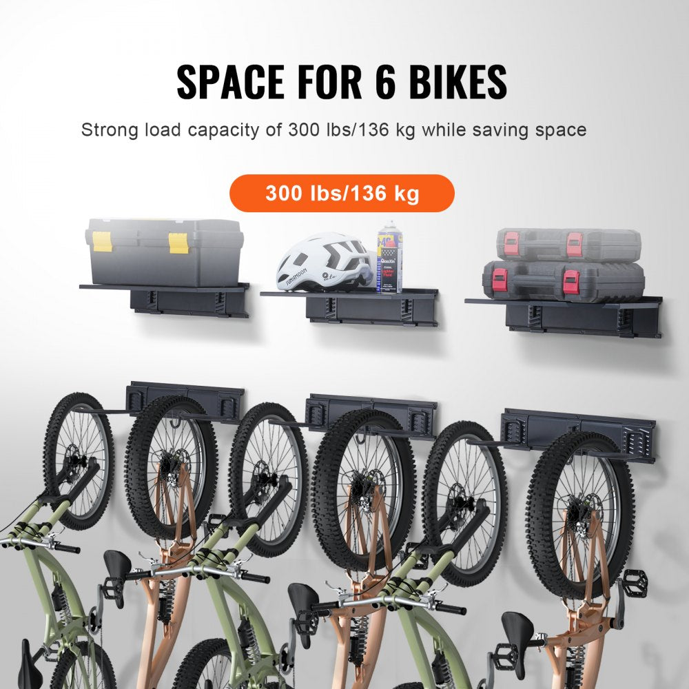 VEVOR Bike Storage Rack, 6 Bike Racks and 3 Helmets Hooks, Wall Mount Bike Storage Hanger with 3 Shelves, Home & Garage Organizer, Customizable for Various Bike Sizes, Holds Up to 300 lbs, 48-inch