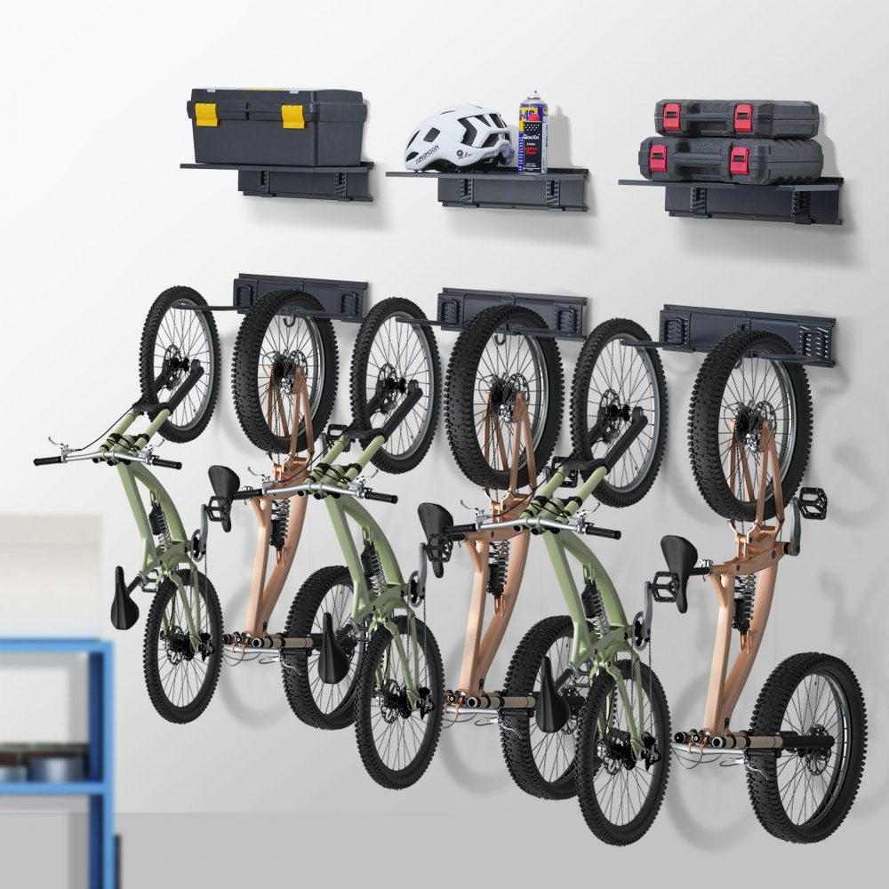VEVOR Bike Storage Rack, 6 Bike Racks and 3 Helmets Hooks, Wall Mount Bike Storage Hanger with 3 Shelves, Home & Garage Organizer, Customizable for Various Bike Sizes, Holds Up to 300 lbs, 48-inch