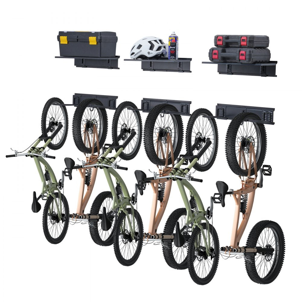 VEVOR Bike Storage Rack, 6 Bike Racks and 3 Helmets Hooks, Wall Mount Bike Storage Hanger with 3 Shelves, Home & Garage Organizer, Customizable for Various Bike Sizes, Holds Up to 300 lbs, 48-inch