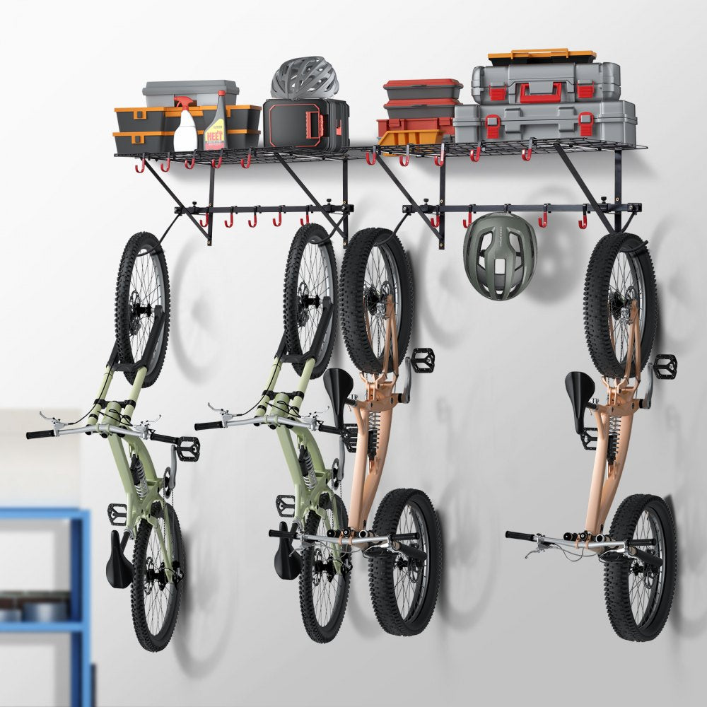 VEVOR Bike Storage Rack, 4 Bike Racks, Wall Mount Bike Storage Hanger with 2 Shelves, Home and Garage Organizer, Customizable for Various Bike Sizes, Adjustable Holder, Holds Up to 500 lbs, 63-inch