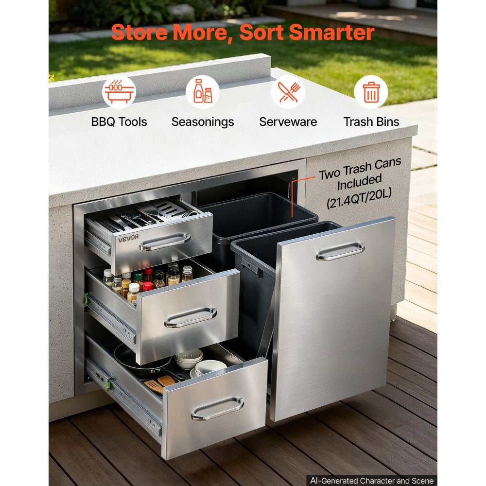 VEVOR Outdoor Kitchen Drawer Combo, 20"W x 20"H x 28"D, Dual Trash Bins, for BBQ Island Storage, Patio Bars and Grill Station, with Handle, Built-In BBQ Island Drawers Organize Cookware Accessories
