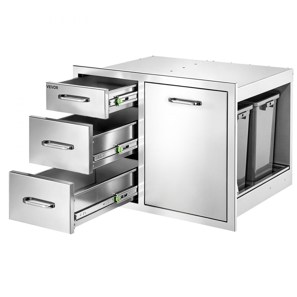 VEVOR Outdoor Kitchen Drawer Combo, 20"W x 20"H x 28"D, Dual Trash Bins, for BBQ Island Storage, Patio Bars and Grill Station, with Handle, Built-In BBQ Island Drawers Organize Cookware Accessories