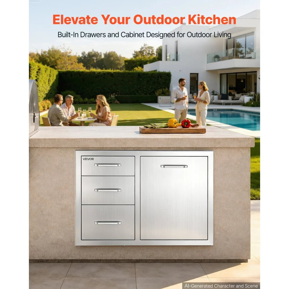 VEVOR Outdoor Kitchen Drawer Combo, 23"W x 21"H x 30"D, Propane Ring, for BBQ Island Storage, Patio Bars and Grill Station, with Handle, Built-In BBQ Island Drawers Organize Cookware Accessories