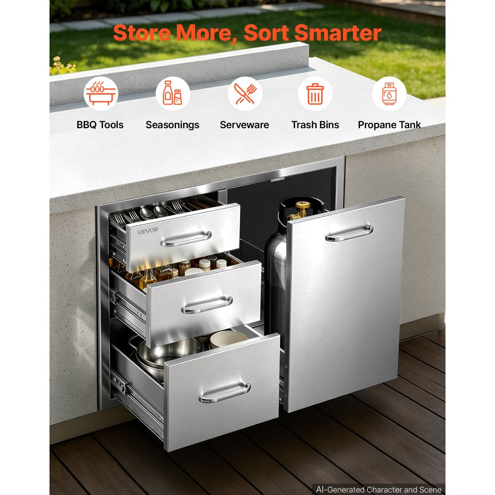 VEVOR Outdoor Kitchen Drawer Combo, 23"W x 21"H x 30"D, Propane Ring, for BBQ Island Storage, Patio Bars and Grill Station, with Handle, Built-In BBQ Island Drawers Organize Cookware Accessories