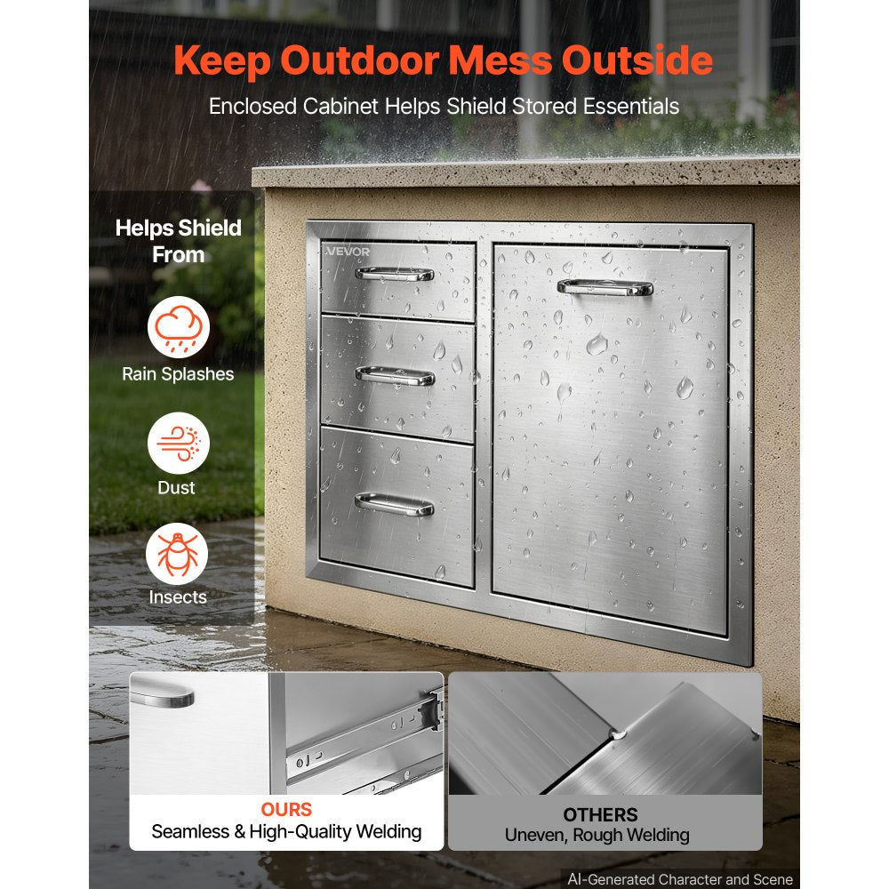 VEVOR Outdoor Kitchen Drawer Combo, 23"W x 21"H x 30"D, Propane Ring, for BBQ Island Storage, Patio Bars and Grill Station, with Handle, Built-In BBQ Island Drawers Organize Cookware Accessories