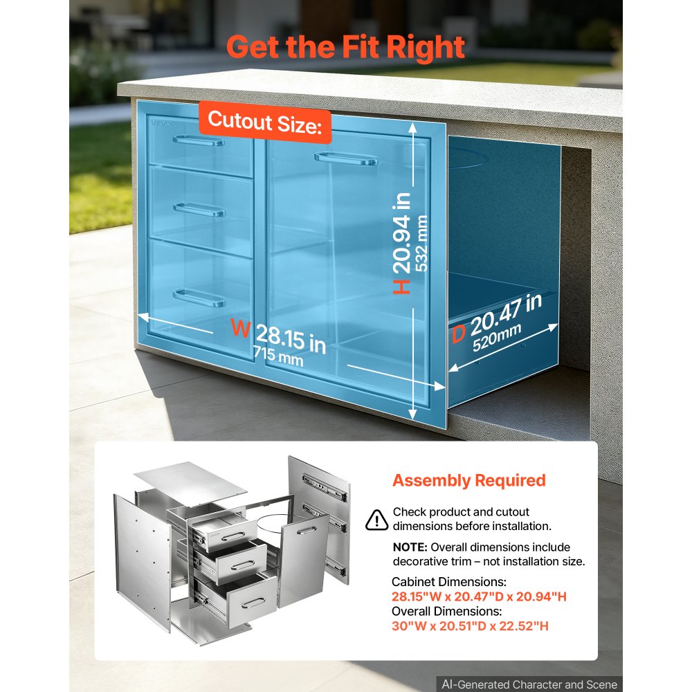 VEVOR Outdoor Kitchen Drawer Combo, 23"W x 21"H x 30"D, Propane Ring, for BBQ Island Storage, Patio Bars and Grill Station, with Handle, Built-In BBQ Island Drawers Organize Cookware Accessories