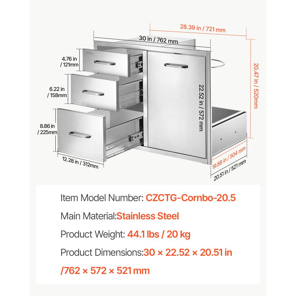 VEVOR Outdoor Kitchen Drawer Combo, 23"W x 21"H x 30"D, Propane Ring, for BBQ Island Storage, Patio Bars and Grill Station, with Handle, Built-In BBQ Island Drawers Organize Cookware Accessories