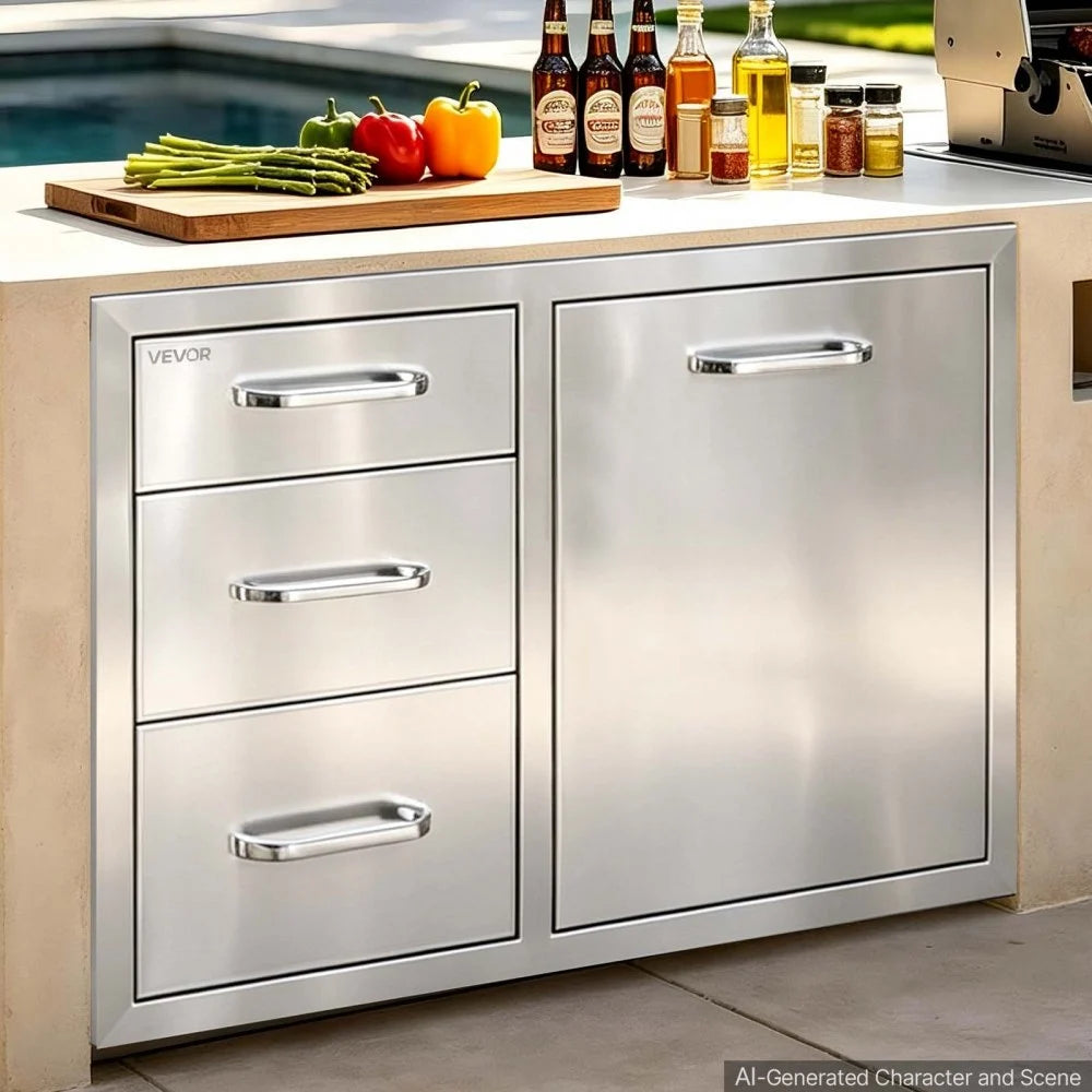 VEVOR Outdoor Kitchen Drawer Combo, 23"W x 21"H x 30"D, Propane Ring, for BBQ Island Storage, Patio Bars and Grill Station, with Handle, Built-In BBQ Island Drawers Organize Cookware Accessories