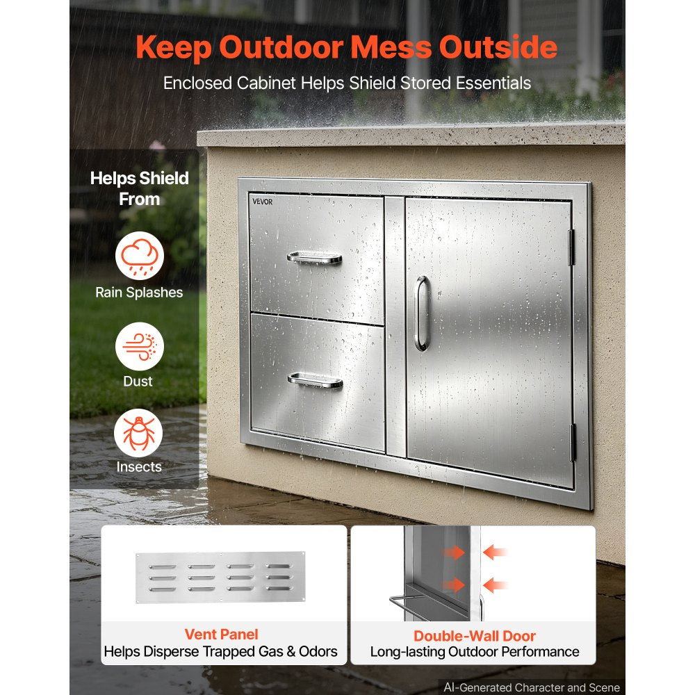 VEVOR Outdoor Kitchen Drawer Combo, 32"W x 22"H x 20"D, 2 Drawers Storage, for BBQ Island Storage, Patio Bars and Grill Station, with Handle, Built-In BBQ Island Drawers Organize Cookware Accessories