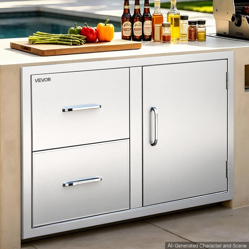 VEVOR Outdoor Kitchen Drawer Combo, 32"W x 22"H x 20"D, 2 Drawers Storage, for BBQ Island Storage, Patio Bars and Grill Station, with Handle, Built-In BBQ Island Drawers Organize Cookware Accessories