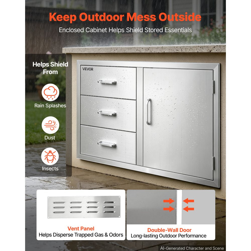 VEVOR Outdoor Kitchen Drawer Combo, 38"W x 23"H x 20"D, 3 Drawers Storage, for BBQ Island Storage, Patio Bars and Grill Station, with Handle, Built-In BBQ Island Drawers Organize Cookware Accessories