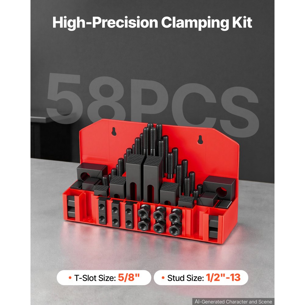 VEVOR 58 Piece 5/8" T-Slot Clamping Kit Hold Down Clamp 1/2"-13 Stud Size, for Bridgeport Mills, Standard Milling Machine, Drill Press, Heat Treated and Precision Ground, Flexible Height Adjustment