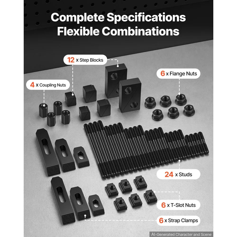 VEVOR 58 Piece 5/8" T-Slot Clamping Kit Hold Down Clamp 1/2"-13 Stud Size, for Bridgeport Mills, Standard Milling Machine, Drill Press, Heat Treated and Precision Ground, Flexible Height Adjustment