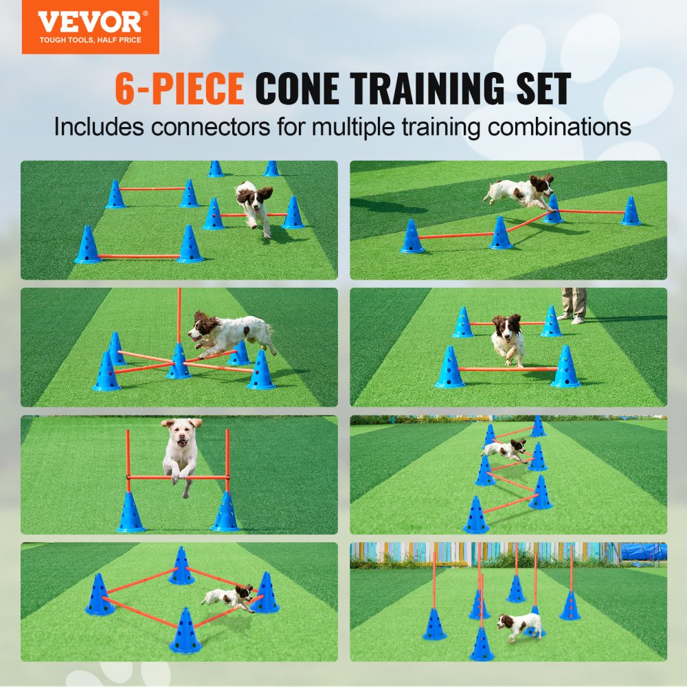 VEVOR Dog Agility Hurdle Cone Set, 6 PCS Kit-12 x Cones, 6 x Agility Rods, Agility Training Equipment with Height Adjustable Crossbar, Puppy Obstacle Course Jump Starter with Cones Storage Bag