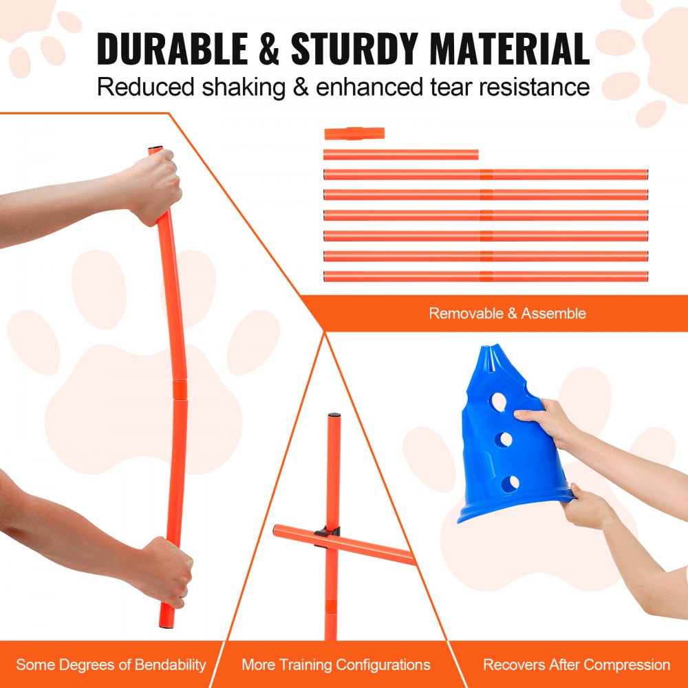 VEVOR Dog Agility Hurdle Cone Set, 6 PCS Kit-12 x Cones, 6 x Agility Rods, Agility Training Equipment with Height Adjustable Crossbar, Puppy Obstacle Course Jump Starter with Cones Storage Bag