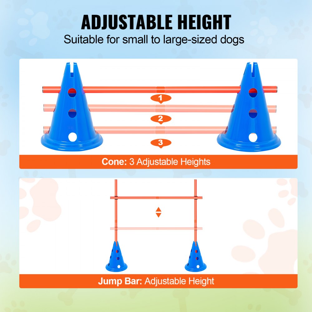 VEVOR Dog Agility Hurdle Cone Set, 6 PCS Kit-12 x Cones, 6 x Agility Rods, Agility Training Equipment with Height Adjustable Crossbar, Puppy Obstacle Course Jump Starter with Cones Storage Bag