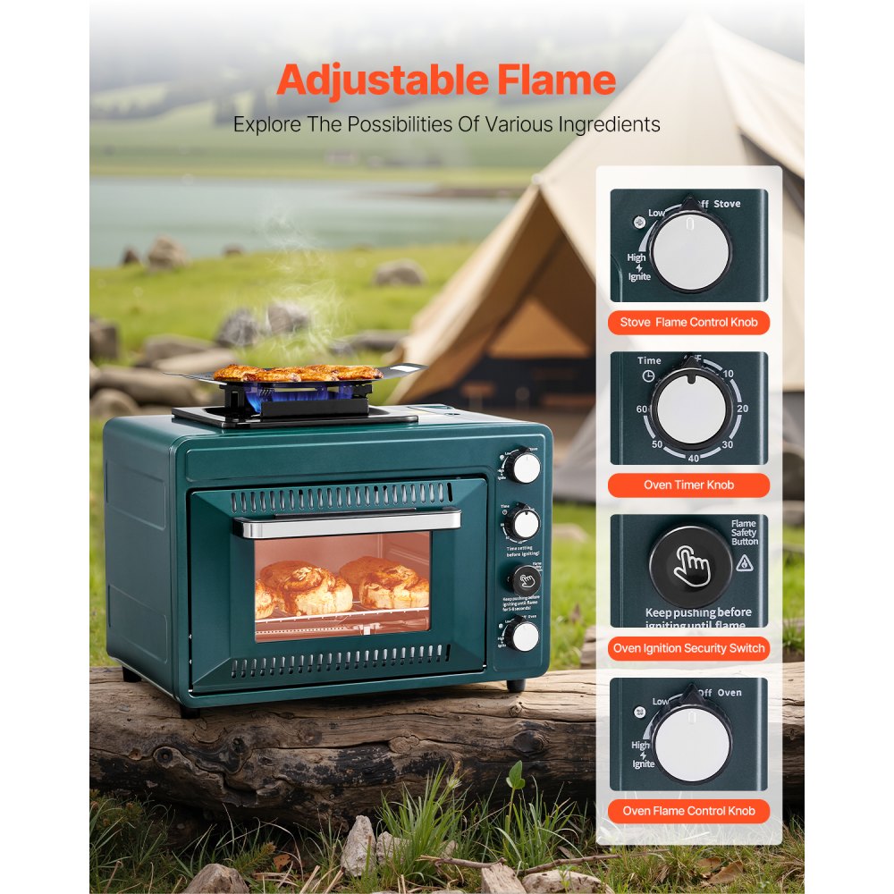 VEVOR Outdoor Oven, 2-in-1 Portable Gas Camping Stove Oven Combo, Adjustable Fire, 60-Minute Timer, Windproof, with Grill Shelf and Roasting Tray, for Camping Gear Backyard Picnic Outdoor Cooking