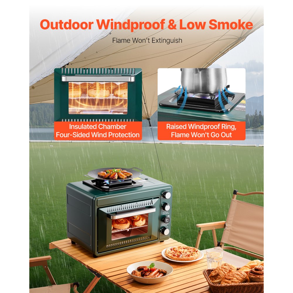 VEVOR Outdoor Oven, 2-in-1 Portable Gas Camping Stove Oven Combo, Adjustable Fire, 60-Minute Timer, Windproof, with Grill Shelf and Roasting Tray, for Camping Gear Backyard Picnic Outdoor Cooking