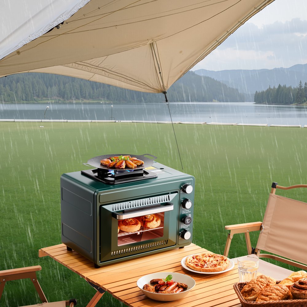 VEVOR Outdoor Oven, 2-in-1 Portable Gas Camping Stove Oven Combo, Adjustable Fire, 60-Minute Timer, Windproof, with Grill Shelf and Roasting Tray, for Camping Gear Backyard Picnic Outdoor Cooking