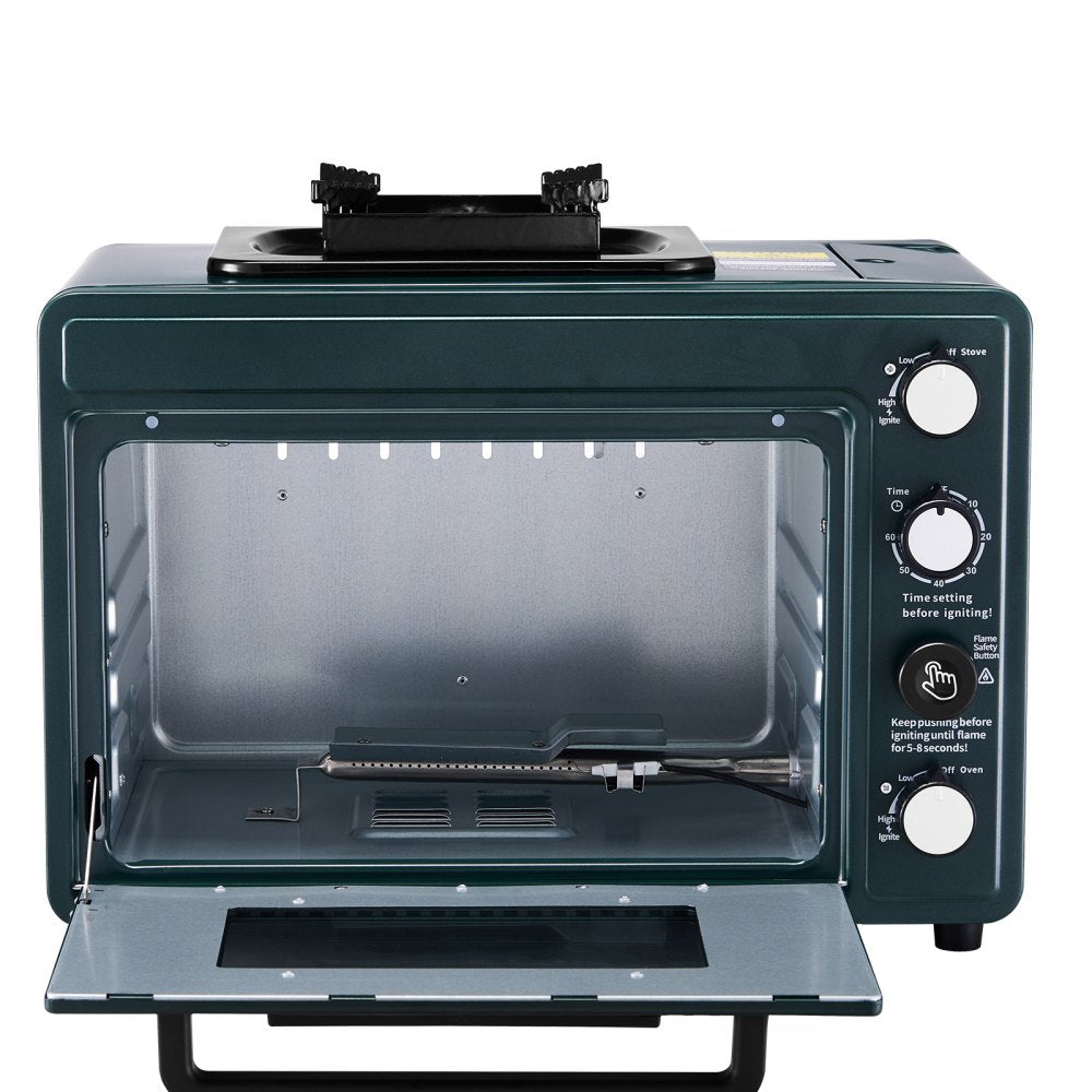 VEVOR Outdoor Oven, 2-in-1 Portable Gas Camping Stove Oven Combo, Adjustable Fire, 60-Minute Timer, Windproof, with Grill Shelf and Roasting Tray, for Camping Gear Backyard Picnic Outdoor Cooking