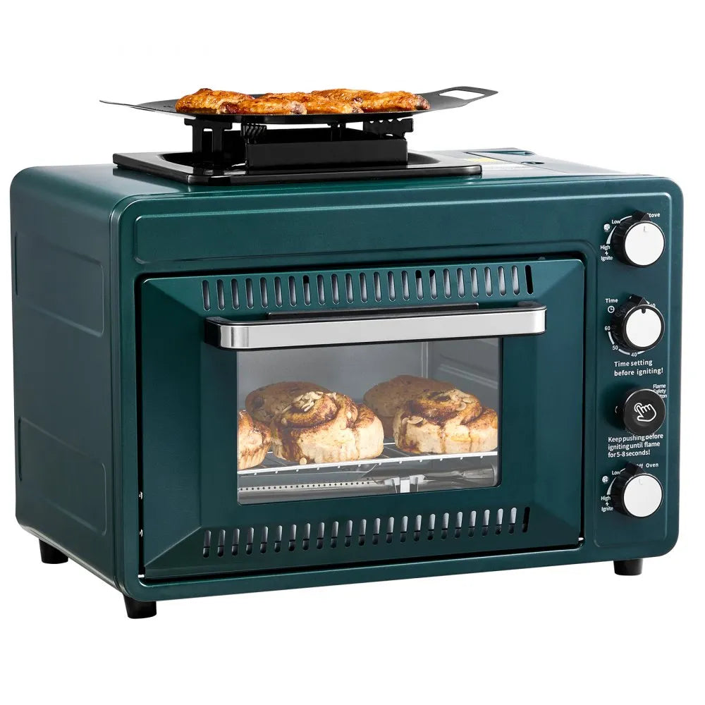 VEVOR Outdoor Oven, 2-in-1 Portable Gas Camping Stove Oven Combo, Adjustable Fire, 60-Minute Timer, Windproof, with Grill Shelf and Roasting Tray, for Camping Gear Backyard Picnic Outdoor Cooking