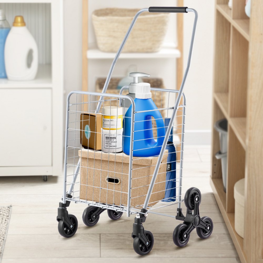 VEVOR Grocery Shopping Cart, 45L Stair Climbing Shopping Cart with 360° Rolling Swivel Wheels, Stair Climber Utility Cart with Tri-Wheels, Foldable Collapsible & Lightweight for Laundry Travel, Silver
