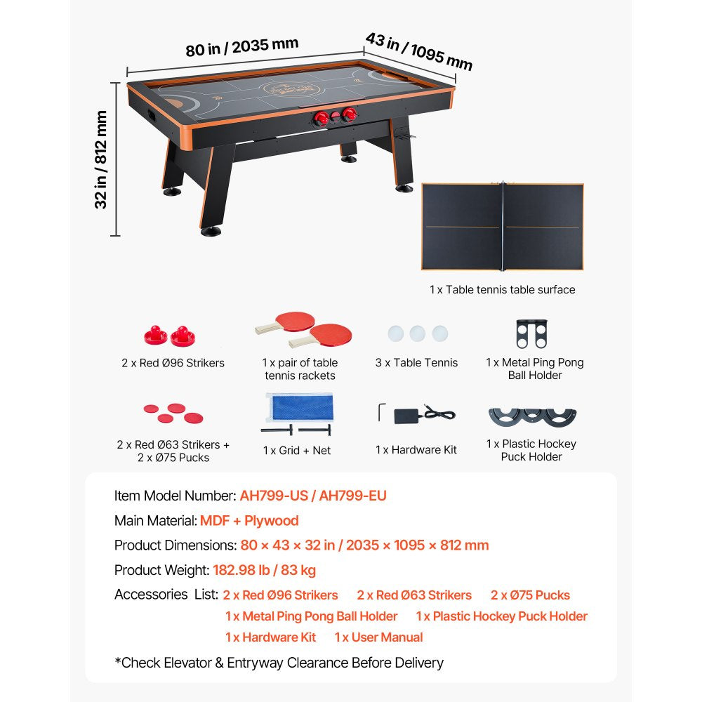 VEVOR 3-in-1 Combo Game Table Set 80" Air Hockey Ping-Pong Dining Table, Space-Saving for Family Game Room Entertainment, Multi Combination Arcade Hockey Table, Complete Accessory Set Included