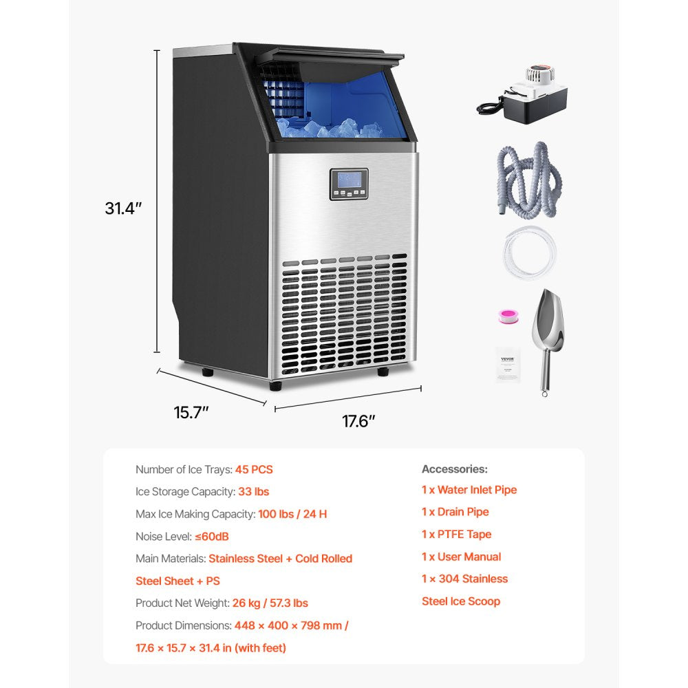 VEVOR commercial ice maker - dimensions and included accessories layout
