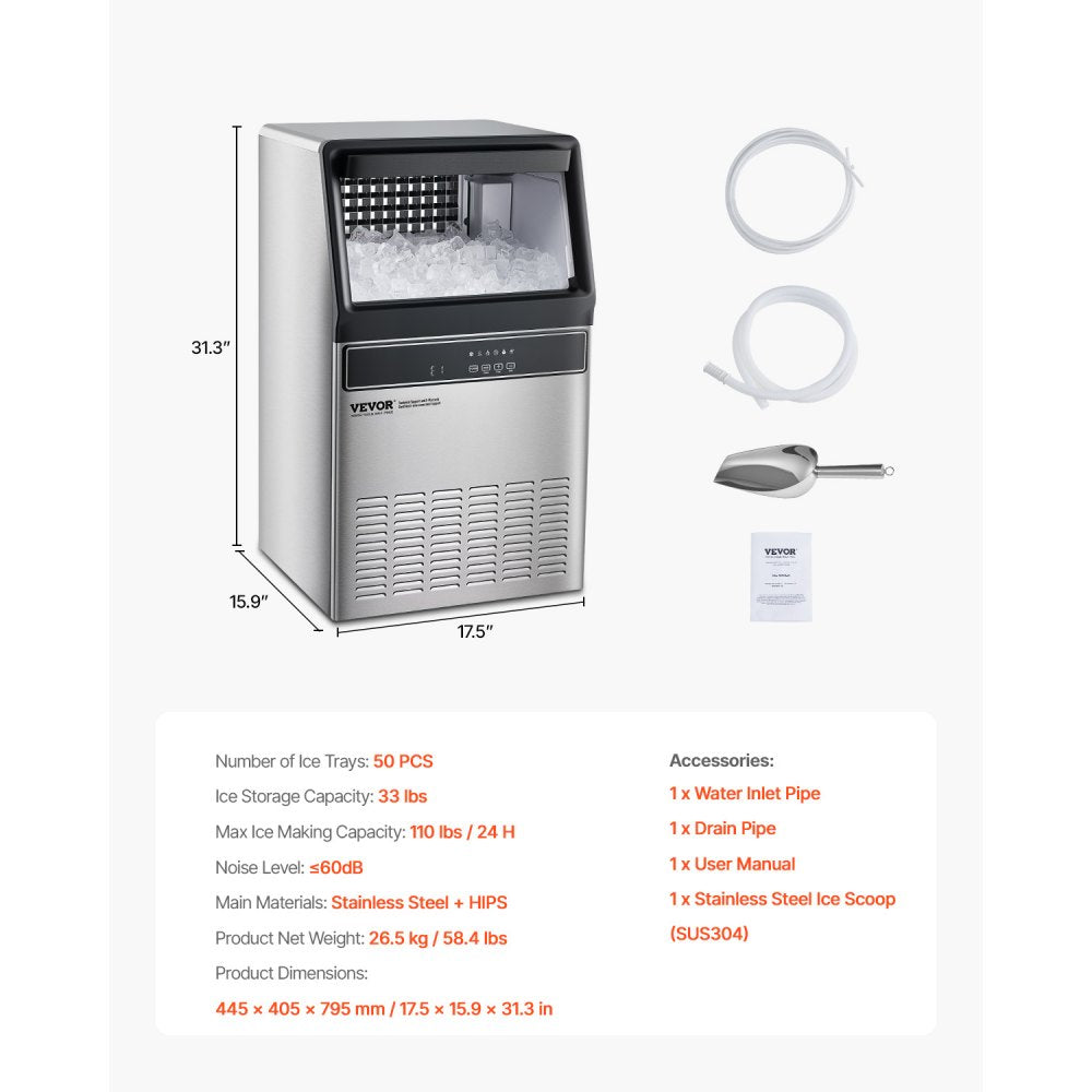 VEVOR commercial ice maker dimensions and included accessories overview