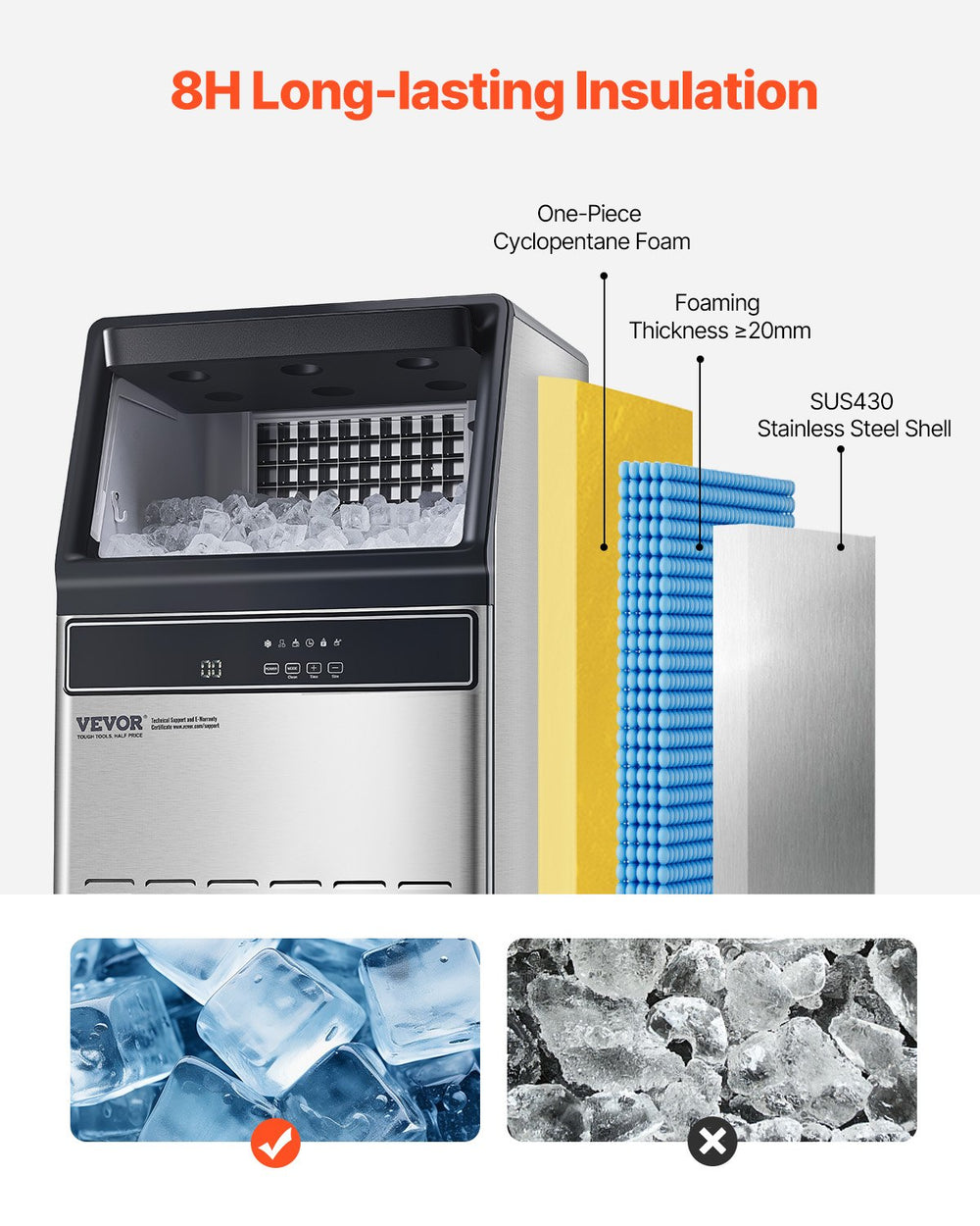 VEVOR commercial ice maker insulation structure (cyclopentane foam, stainless steel shell)