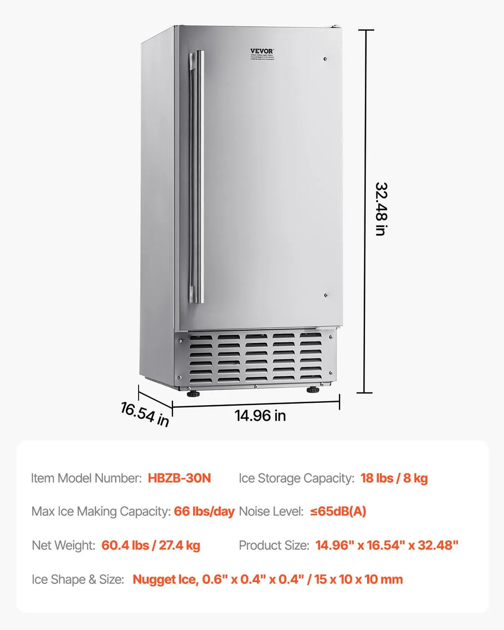 VEVOR Undercounter Built-in Ice Maker, 66 Lbs/Day Under Counter Nugget Ice Maker Machine with Reversible Door Stainless Steel, Freestanding Ice Maker for Commercial Home Kitchen, Electric Drainage