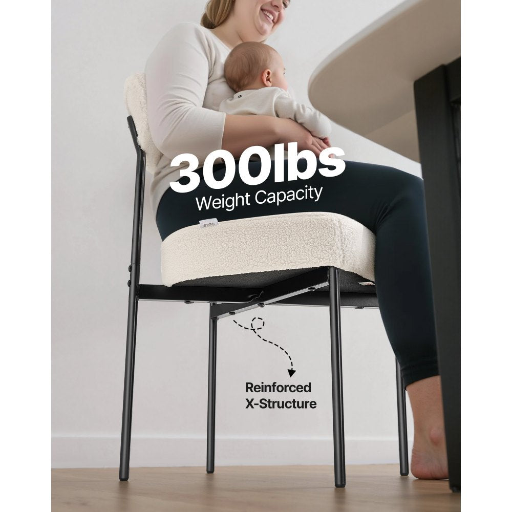 VEVOR Boucle Dining Chairs Set of 6, Mid Century Modern Sherpa Accent Chairs, Upholstered Side Chair for Dining Table, Space-Saving White Kitchen Table Chair with Curved Backrest and Black Metal Legs