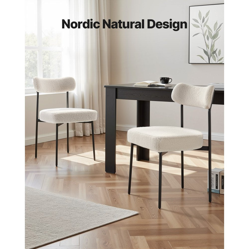 VEVOR Boucle Dining Chairs Set of 6, Mid Century Modern Sherpa Accent Chairs, Upholstered Side Chair for Dining Table, Space-Saving White Kitchen Table Chair with Curved Backrest and Black Metal Legs