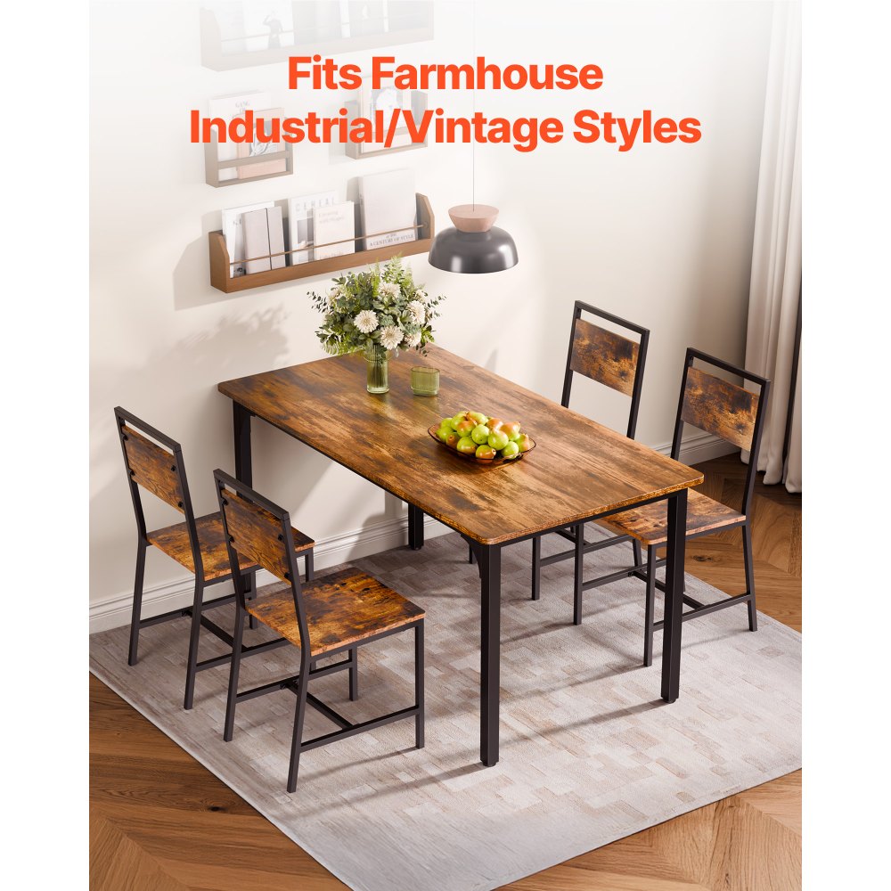 VEVOR Dining Chairs Set of 4, Wooden Table Chairs with Metal Frame and Backrest, Easy to Assemble Leather Side Chair, Modern Farmhouse Walnut Chair for Kitchen Living Room, Rustic Brown and Black