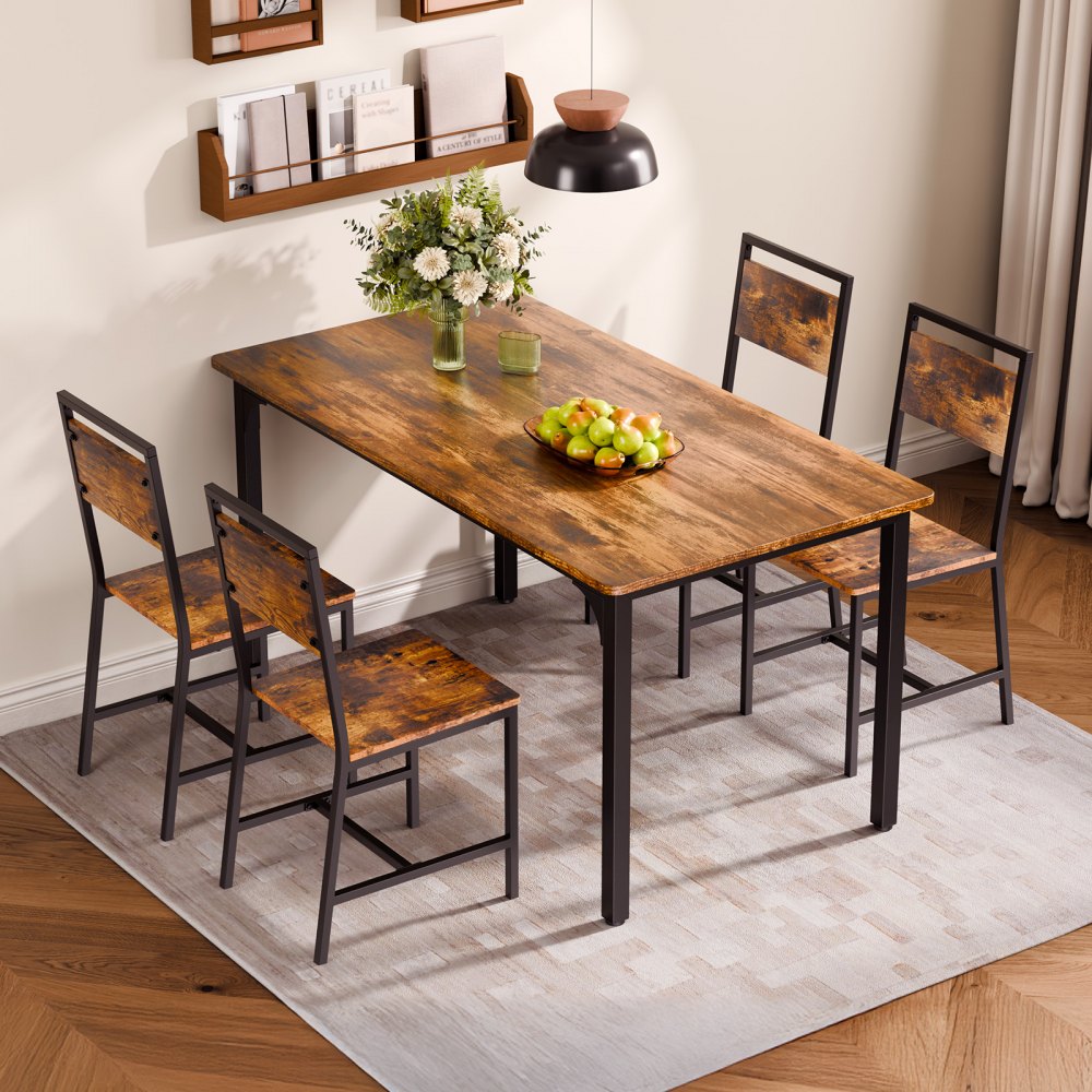 VEVOR Dining Chairs Set of 4, Wooden Table Chairs with Metal Frame and Backrest, Easy to Assemble Leather Side Chair, Modern Farmhouse Walnut Chair for Kitchen Living Room, Rustic Brown and Black