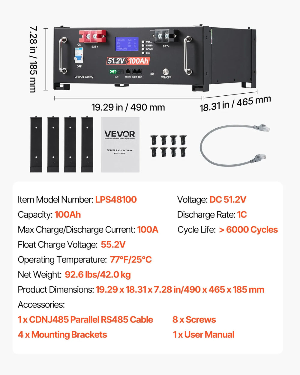 VEVOR 48V 400Ah LiFePO4 Lithium Battery, 4 Pack 100Ah, 20.48kWh Capacity, 51.2V Server Rack LiFePO4 Battery with Bluetooth, Max 6000 Cycles, LCD Display, for Off-Grid, Solar System, Backup Power