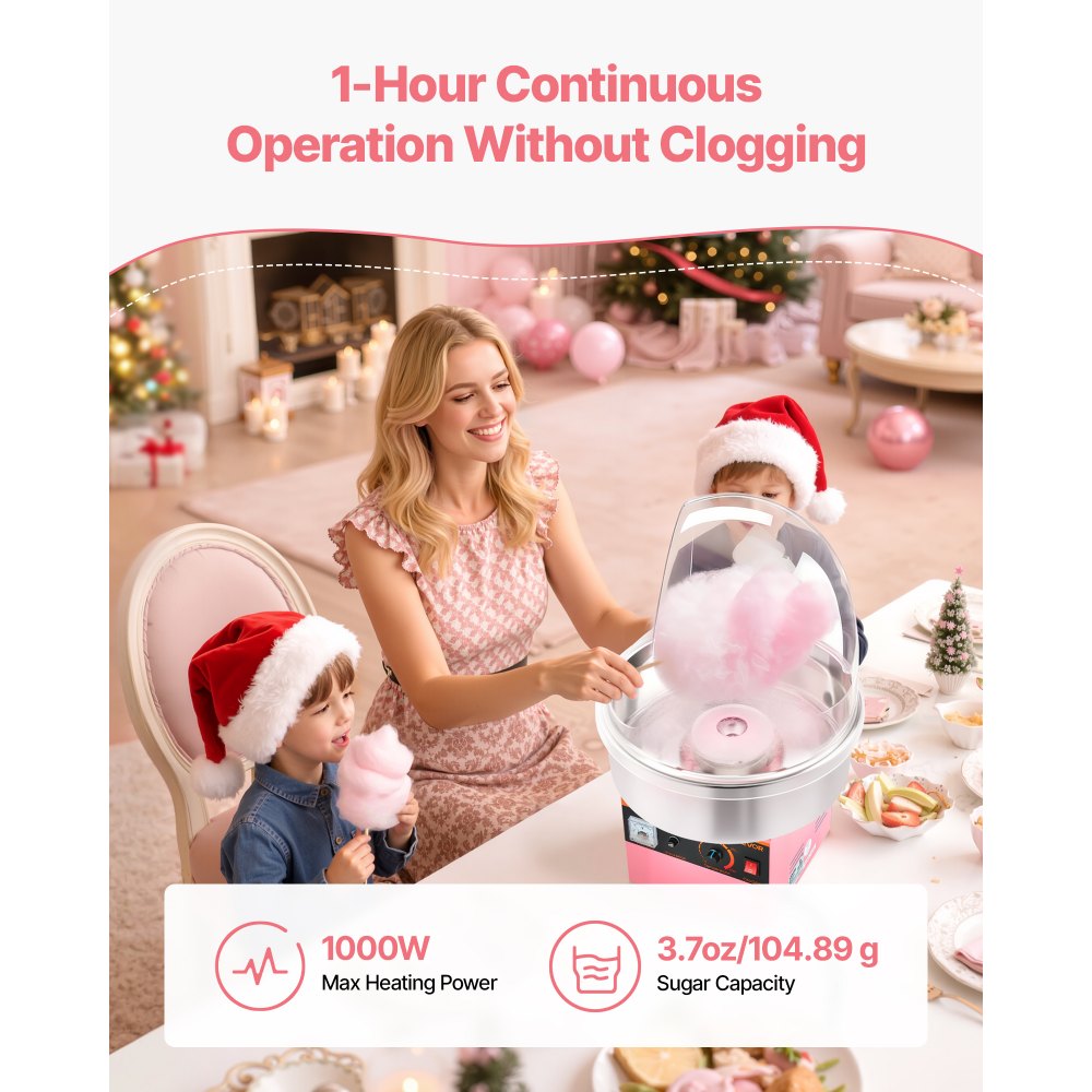 VEVOR Electric Cotton Candy Machine, 1000W Electric Floss Maker With Cover, Commercial Cotton Candy Machine w/Stainless Steel Bowl & Sugar Scoop, Ideal for Home, Carnival, Birthday, Family Party, Pink
