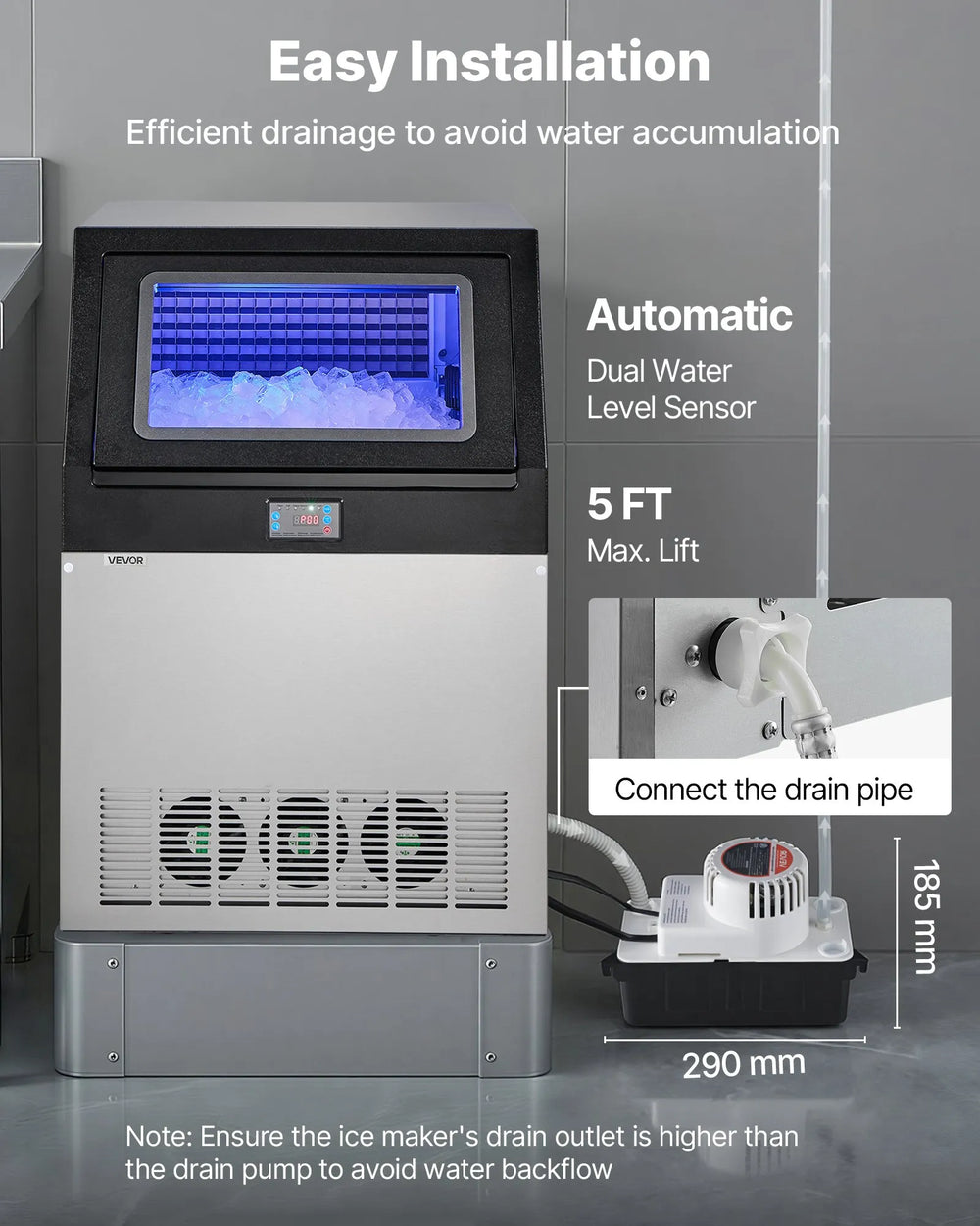 VEVOR Commercial Ice Maker Machine with Pump, 440 lbs/24h with 85 lbs Storage Capacity, Built-in/Freestanding/Under Counter, Stainless Steel Ice Maker with LED Display & Self-Cleaning, for Home Bar