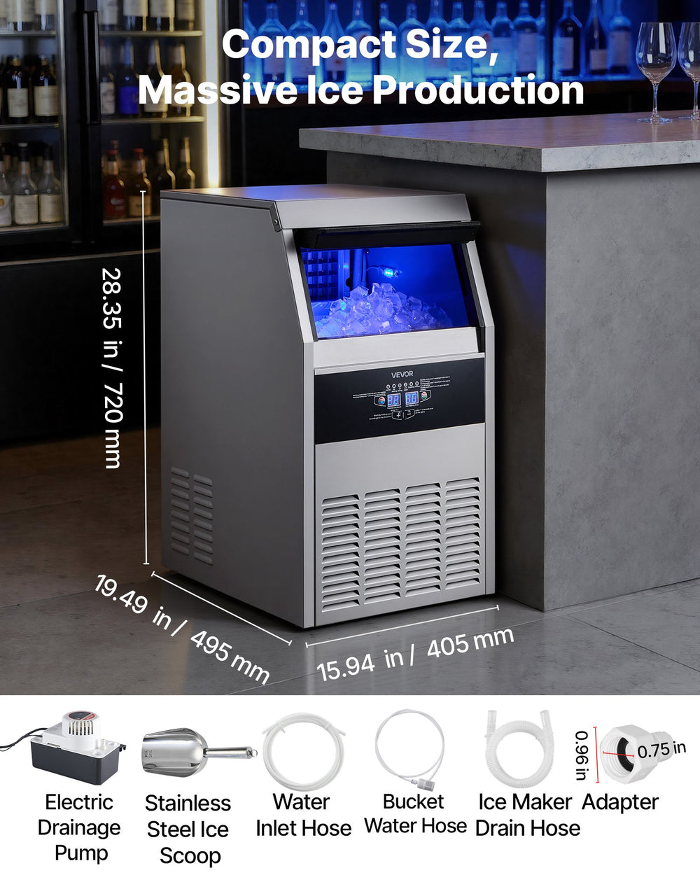 VEVOR Commercial Ice Maker Machine with Pump, 150 lbs/24h with 30 lbs Storage Capacity, Built-in/Freestanding/Under Counter, Stainless Steel Ice Maker with LED Display & Self-Cleaning, for Home Bar