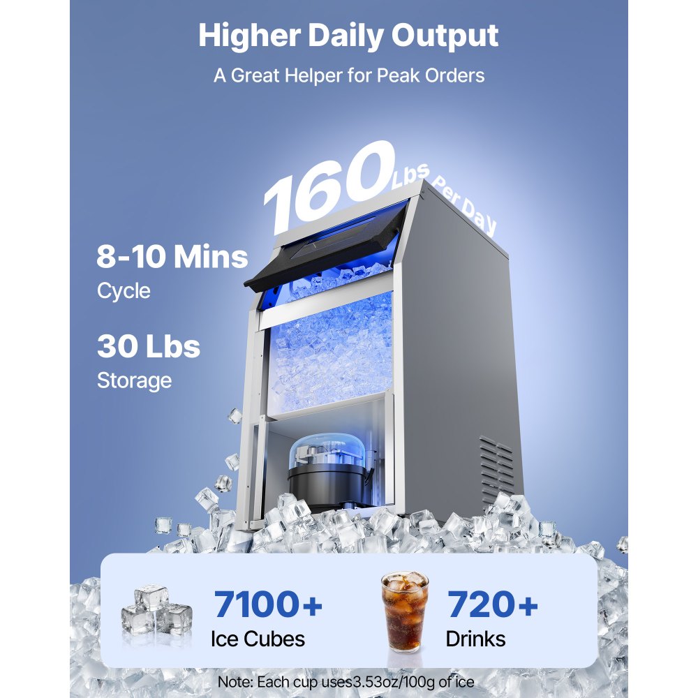 VEVOR Commercial Ice Maker Machine with Pump, 160 lbs/24h with 30 lbs Storage Capacity, Built-in/Freestanding/Under Counter, Stainless Steel Ice Maker with LED Display & Self-Cleaning, for Home Bar