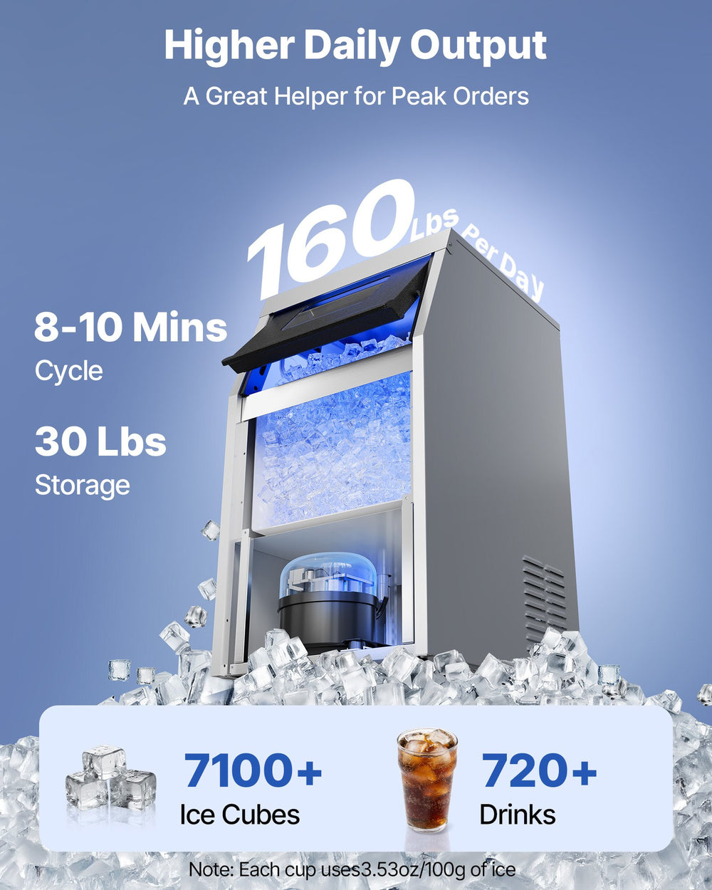VEVOR Commercial Ice Maker Machine with Pump, 160 lbs/24h with 30 lbs Storage Capacity, Built-in/Freestanding/Under Counter, Stainless Steel Ice Maker with LED Display & Self-Cleaning, for Home Bar