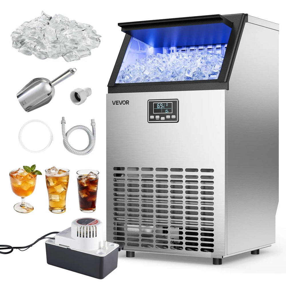 VEVOR Commercial Ice Maker Machine with Pump, 100 lbs/24h with 26 lbs Storage Capacity, Built-in/Freestanding/Under Counter, Stainless Steel Ice Maker with LED Display & Self-Cleaning, for Home Bar