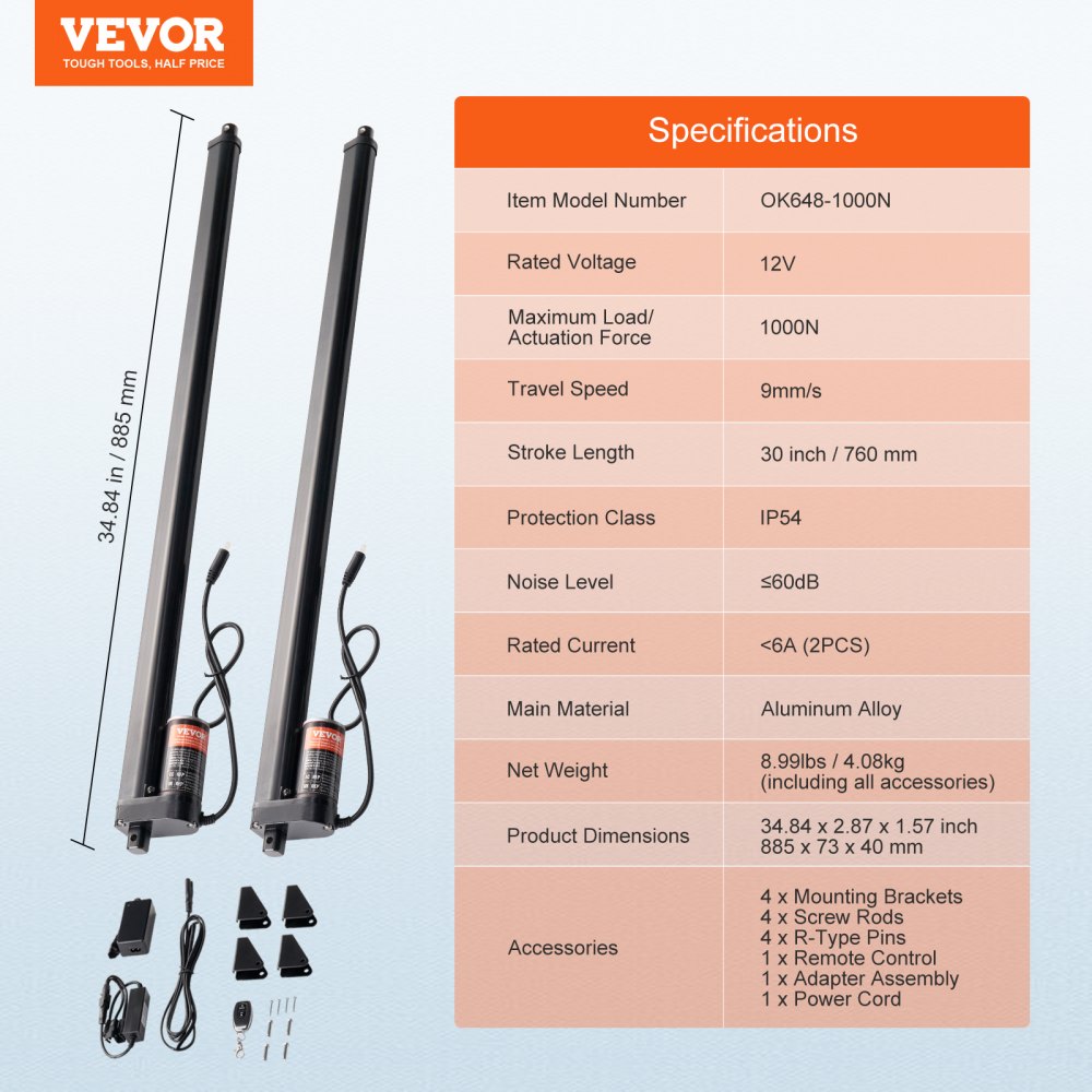 VEVOR 2PCS Linear Actuator Kit, 30 Inch High Speed 0.35"/s Linear Motion Actuator 12V, 220lbs/1000N Linear Actuator for TV/Table/Sofa Lifting, IP54 Protection - Wireless Remote Control Included