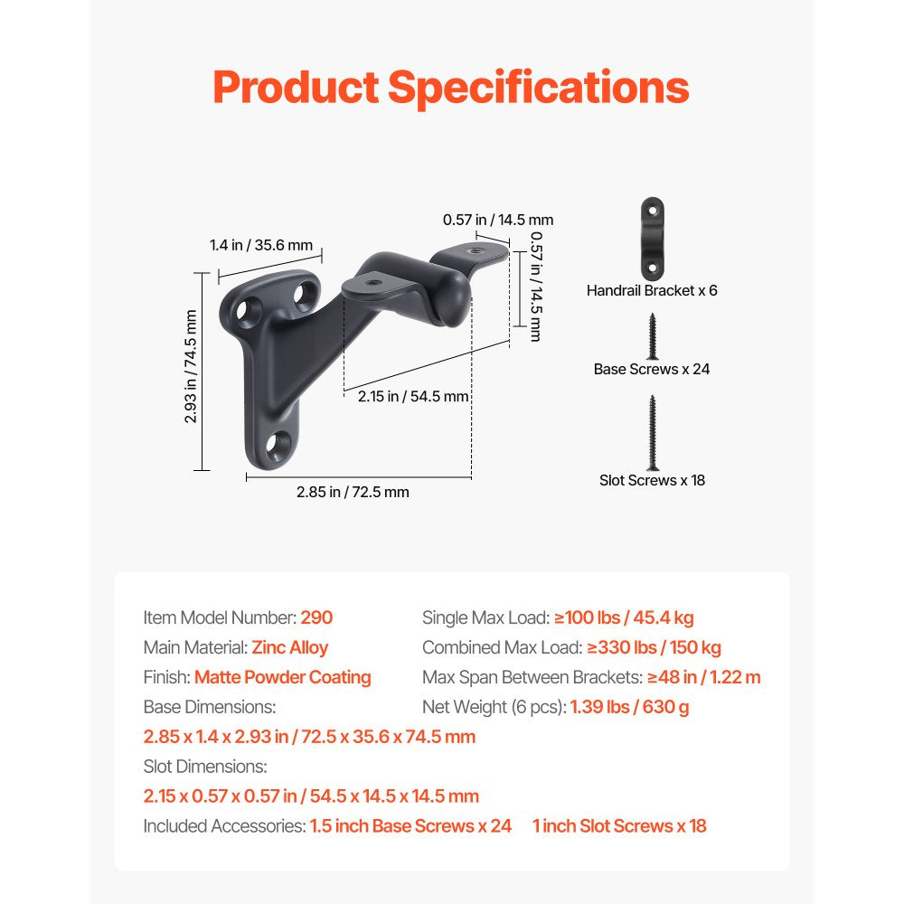 VEVOR Handrail Hardware Bracket, 6 Packs Heavy Duty Hand Rail Brackets, Flexible Angle Adjustment & Easy Install, Stair Railing Hardware for Stairways Handrail, Staircase,Matte Black